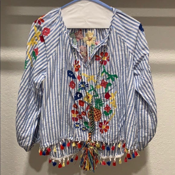 SHEIN Tops - Embroidered linen shirt tassels